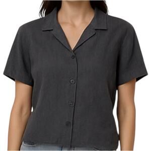 FLAX Button Up Shirt 100% Linen Short Sleeve Lagenlook Box Fit Black Medium